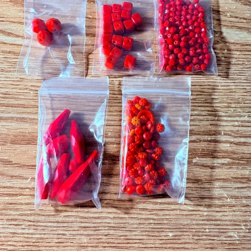 Lot of 5 Red Plastic Beads Various Shapes Sizes Faceted Square Floral Crafts
